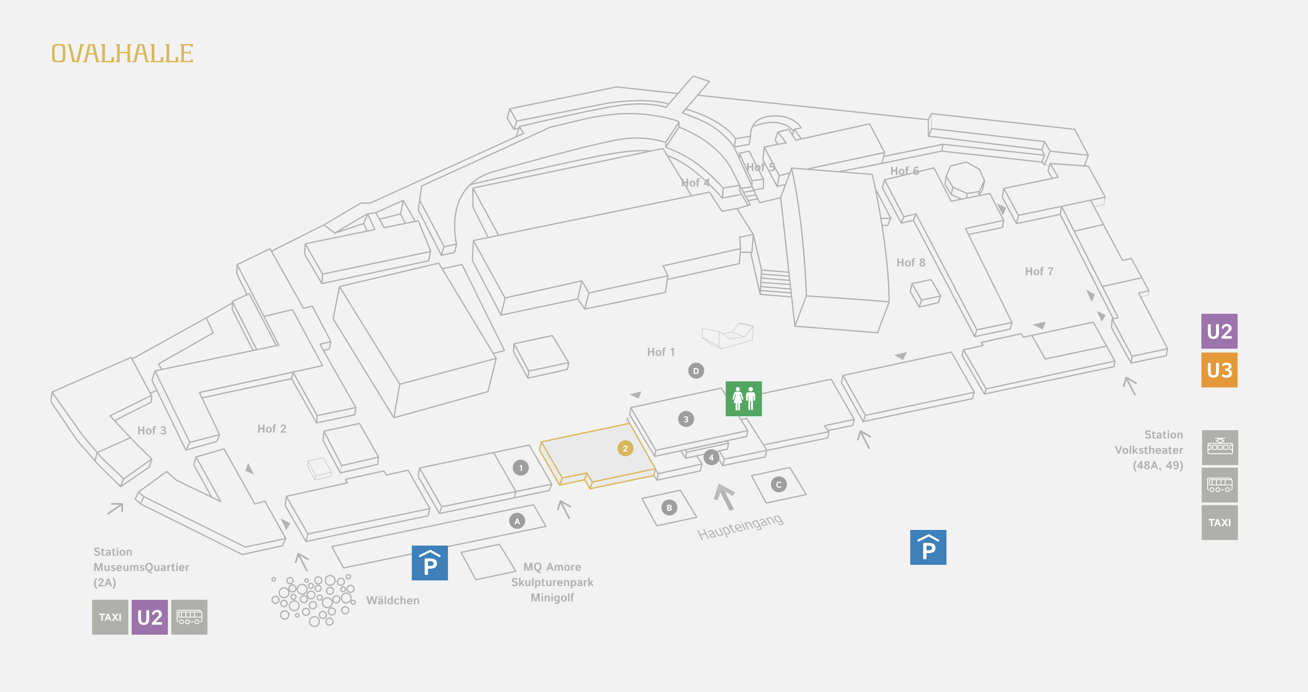 The entrance to the Ovalhalle is just to the left of the main entrance (between the 1 & 2 marked on the map above).